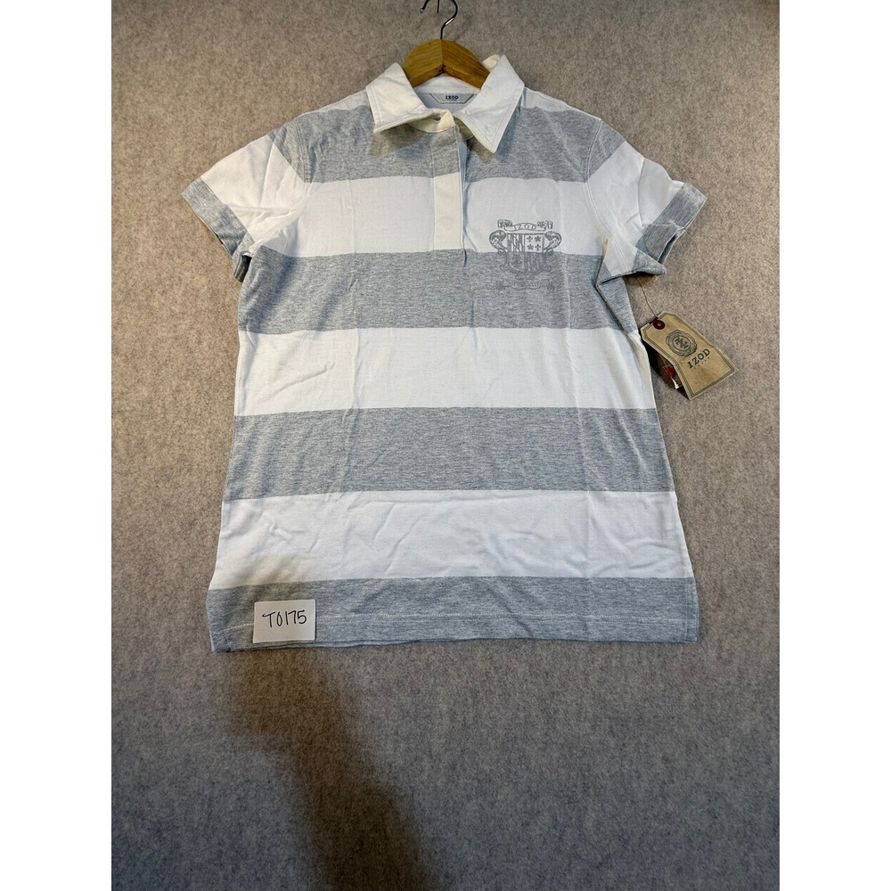 IZOD Jeans Mens Polo Shirt Medium Grey White Striped Short Sleeve Crest Logo NEW